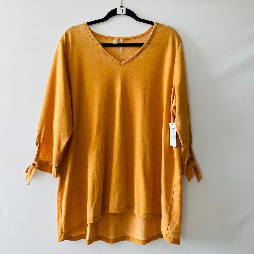 Silverwear Womens Yellow Tie 3/4 Sleeve High Low Hem Tunic Blouse Top Size 2X